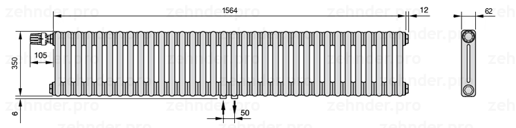 Схема (чертеж) Радиатор Zehnder Charleston 2035/34 №V007 Белый глянцевый RAL 9016